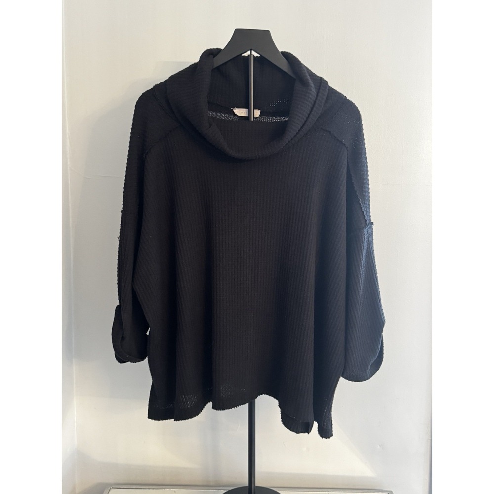 ENTRO Black Waffle Knit Cowl Neck Pullover Sz SMALL Slouchy‎ Raw Seam